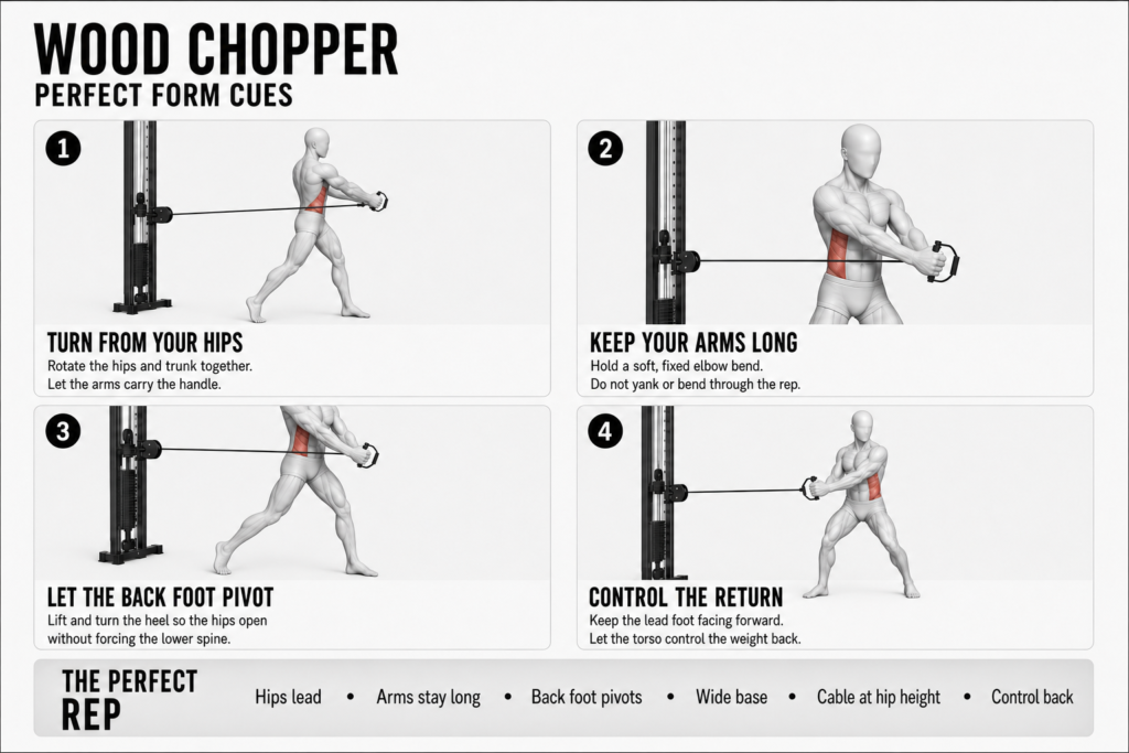Wood chopper perfect form cues, four panels, obliques highlighted: 1) turn from your hips, rotating hips and trunk together while the arms carry the handle; 2) keep your arms long with a soft fixed elbow bend; 3) let the back foot pivot so the hips open without forcing the lower spine; 4) control the return, torso guiding the weight back.