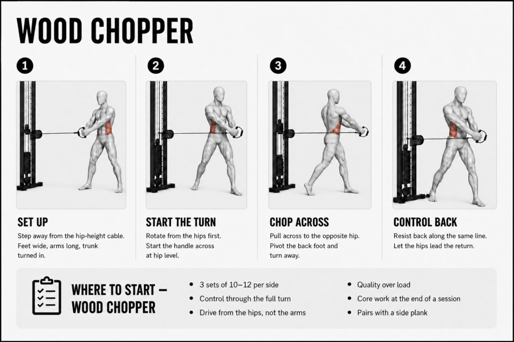 Wood chopper step by step at a hip-height cable, obliques highlighted: 1) set up stepping away from the cable, feet wide, trunk turned in; 2) start the turn, rotating from the hips with the handle at hip level; 3) chop across to the opposite hip, pivoting the back foot; 4) control back along the same line, hips leading.