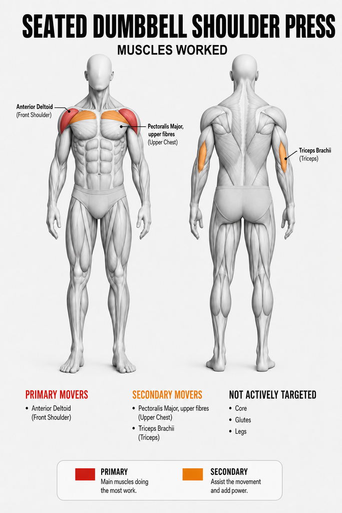 Muscles worked diagram for the seated dumbbell shoulder press, shown front and rear. The anterior deltoid, the front of the shoulder, is shaded red as the primary mover. The upper fibres of the pectoralis major, the upper chest, and the triceps brachii are shaded orange as secondary movers. Core, glutes and legs are listed as not actively targeted.