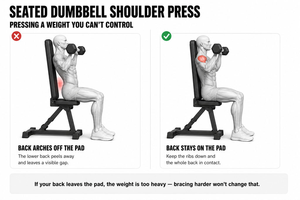 Two-panel comparison for the seated dumbbell shoulder press headed pressing a weight you can't control. The left panel, marked with a red cross, shows the lower back arched away from the bench pad leaving a visible gap, highlighted in red. The right panel, marked with a green tick, shows the whole back staying in contact with the pad and the ribs down. Caption: if your back leaves the pad the weight is too heavy, and bracing harder won't change that.