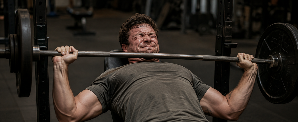 A man bench pressing a heavily loaded barbell in a dark gym, jaw clenched and face tensed with effort, the bar held low near his chest during a maximal single attempt.