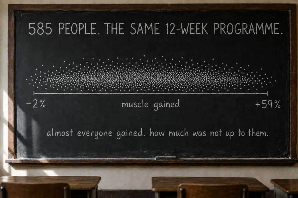 A blackboard headed 585 people, the same 12-week programme. Hundreds of chalk dots scatter across a horizontal axis labelled muscle gained, running from minus 2 percent at the left to plus 59 percent at the right, with most dots bunched toward the middle. Written underneath: almost everyone gained, how much was not up to them.