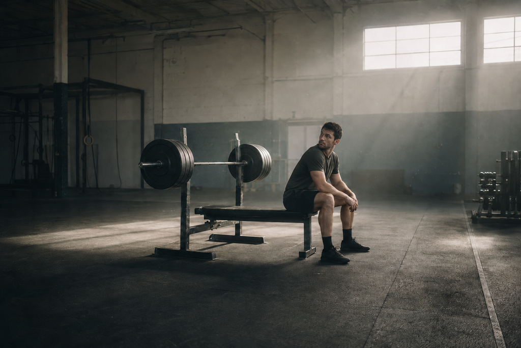 A lifter sits on the end of a flat bench in a quiet, dimly lit gym, forearms resting on his knees, looking away from a barbell loaded with heavy plates racked in front of him.