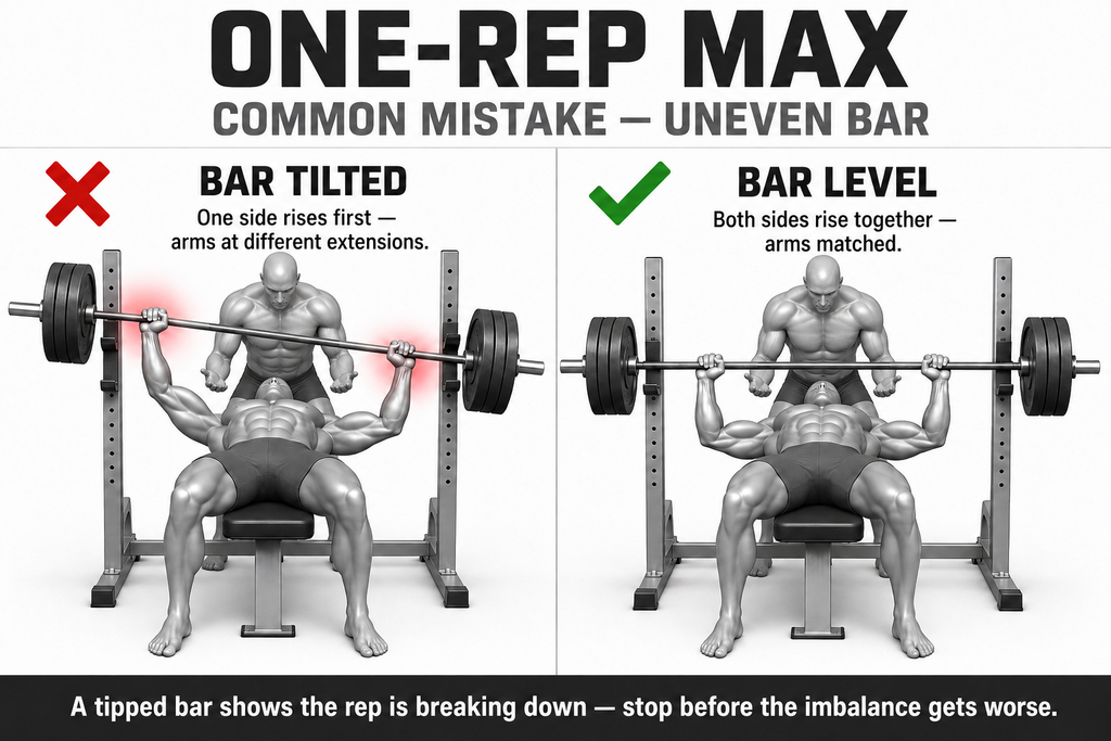 Two-panel comparison titled One-Rep Max, Common Mistake, Uneven Bar. The left panel, marked with a red cross and labelled Bar Tilted, shows a mannequin bench pressing with one side of the barbell risen higher than the other and the arms at different extensions, both wrists highlighted red. The right panel, marked with a green tick and labelled Bar Level, shows both sides rising together with the arms matched.