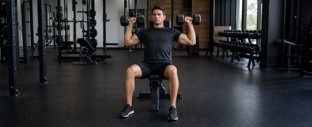 A man performing a seated dumbbell shoulder press in a gym, sitting upright against the bench pad with a dumbbell held at each shoulder in the start position, feet flat on the floor.