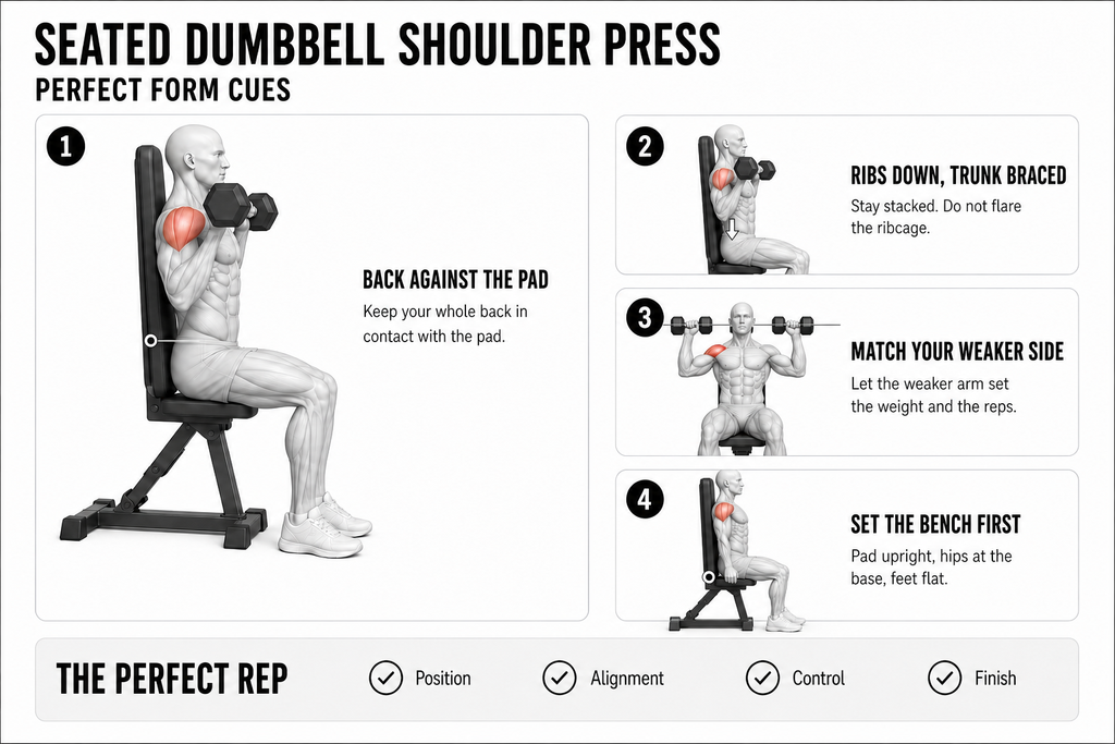Four-panel Perfect Form Cues diagram for the seated dumbbell shoulder press, with the front deltoid shaded red on each mannequin. One, back against the pad: keep your whole back in contact with it. Two, ribs down and trunk braced: stay stacked and do not flare the ribcage. Three, match your weaker side: let the weaker arm set the weight and the reps. Four, set the bench first: pad upright, hips at the base, feet flat.